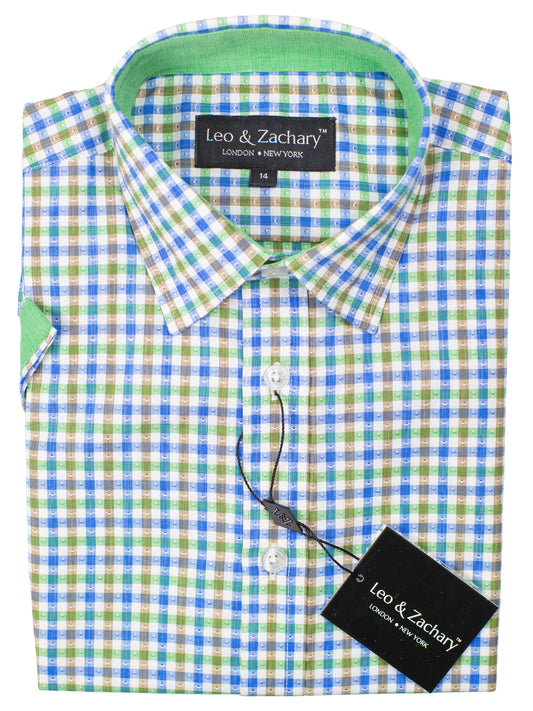 Leo & Zachary 30570 Boy's Short Sleeve Sport Shirt-Grass/Blue