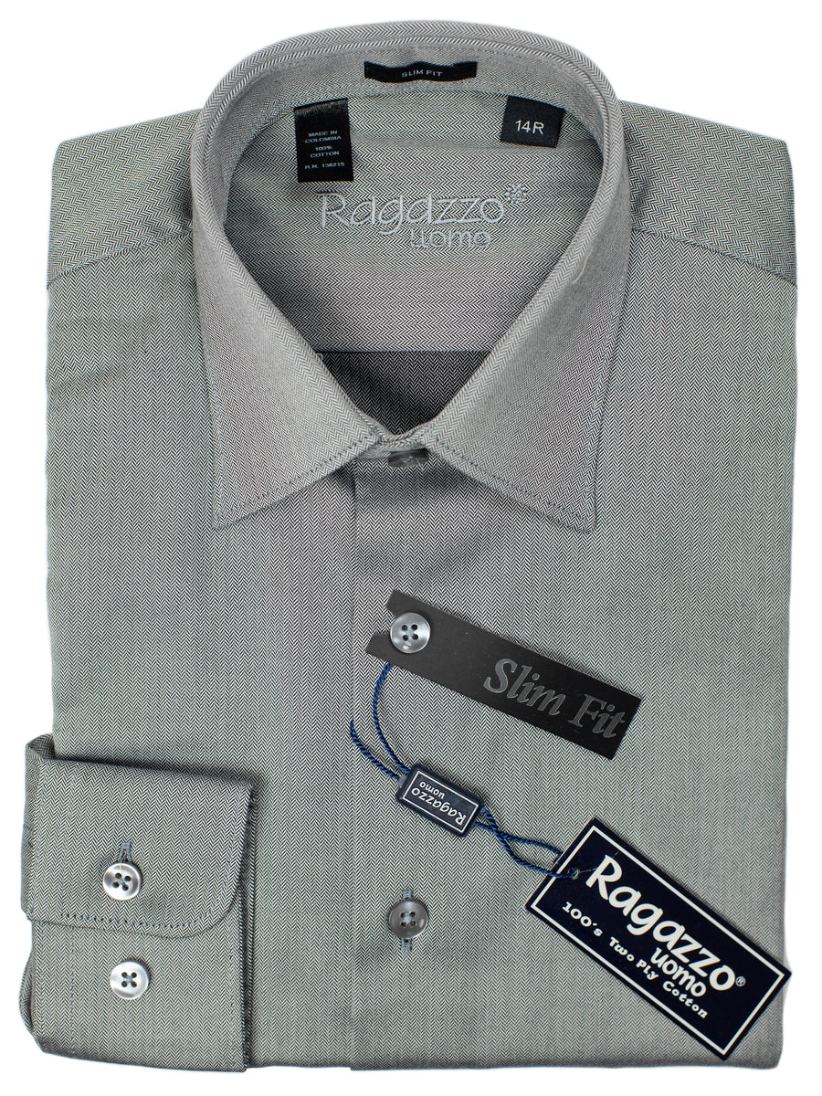 Ragazzo 30615 Boy's Slim Fit Dress Shirt - Tonal Herringbone - Grey