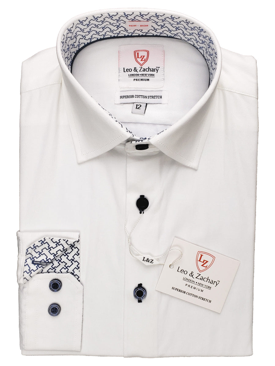 Leo & Zachary 33143 Boy's Dress Shirt- White- Contrast Collar & Cuff