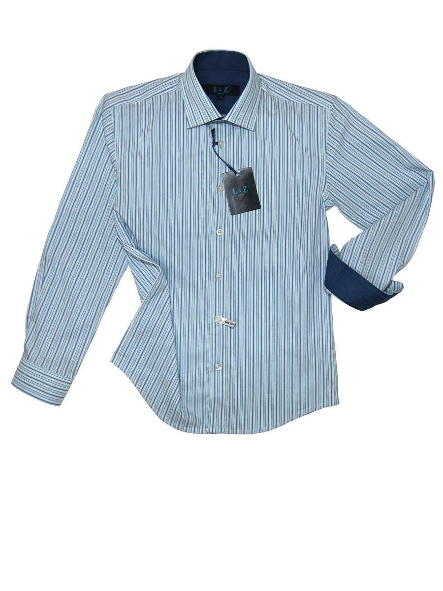 Leo & Zachary 33164 Boy's Dress Shirt- Cyan/Blue- Stripe
