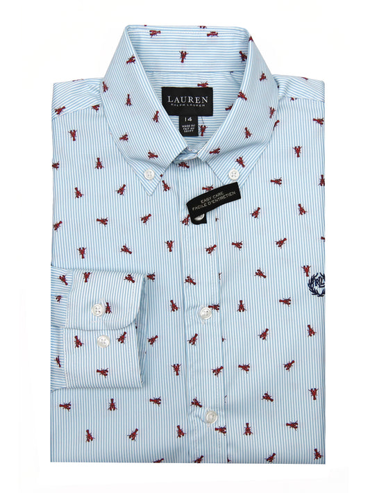 Lauren Ralph Lauren 33639 Boy's Dress Shirt- Stripe with Lobster Pattern - Blue/White
