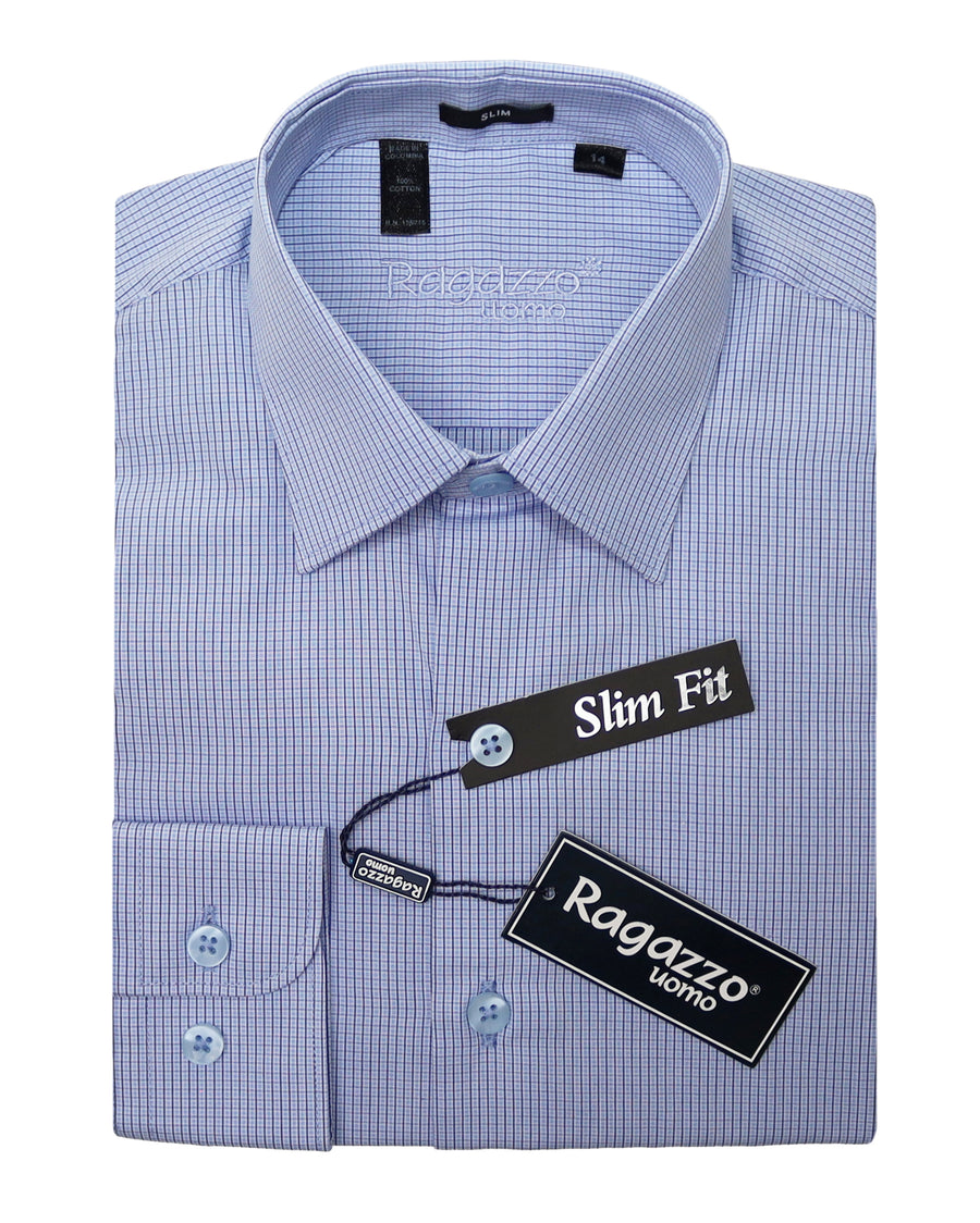 Ragazzo 33867 Boy's Slim Fit Dress Shirt -Check - Light Blue
