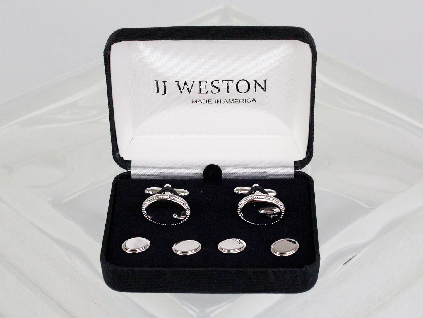 JJ Weston 34216 Cufflinks & Studs Formal Set - Oval Beaded Edge - Silver Onyx