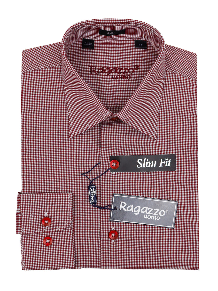 Ragazzo 34913 Boy's Slim Fit Dress Shirt - Check - Wine