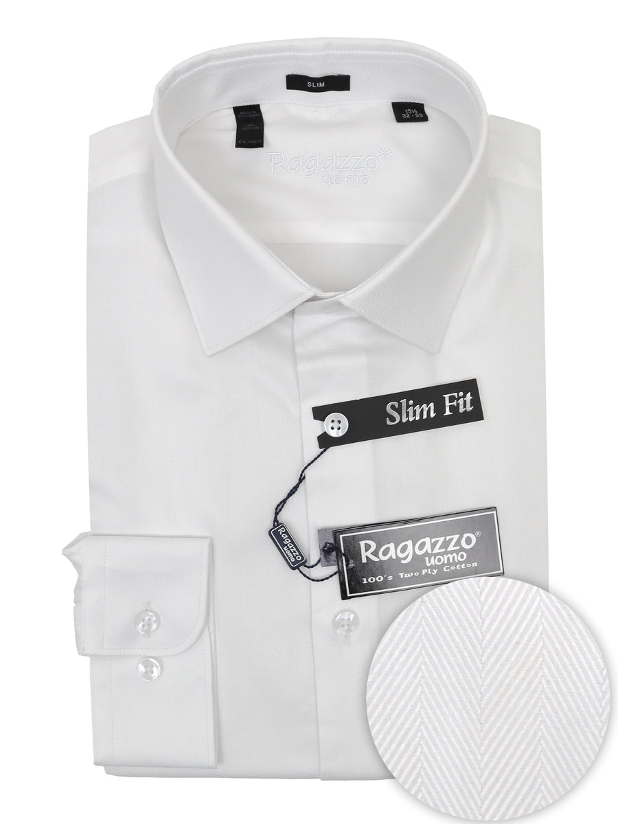 Ragazzo 34967 Young Men's Slim Fit Dress Shirt - Herringbone Tonal - White