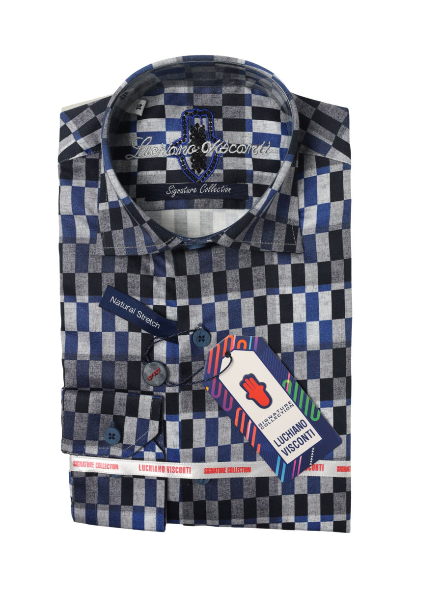 Luchiano Visconti Boy's Sport Shirt 35087 - Check - Blue/Grey