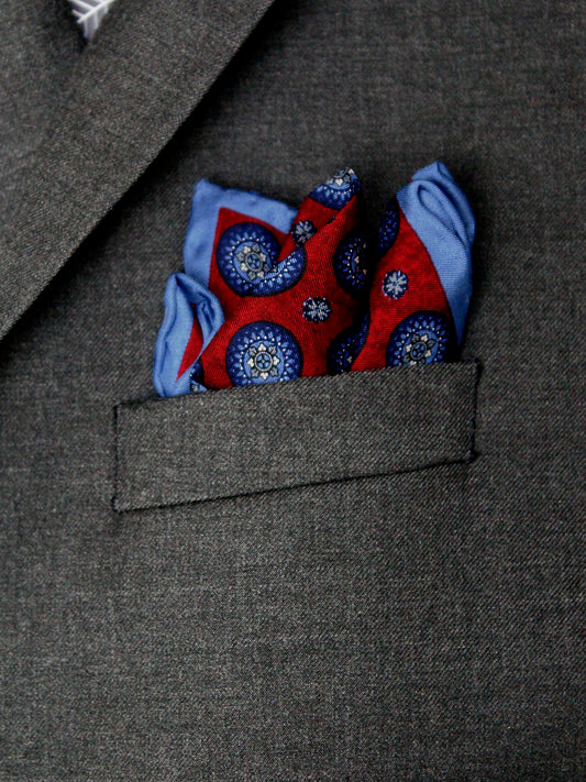Heritage House Pocket Square 35273 - Medallion Neat - Carmine/Navy