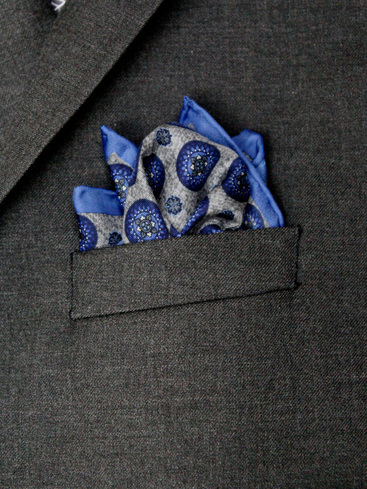 Heritage House Pocket Square 35274 - Medallion Neat - Grey/Navy