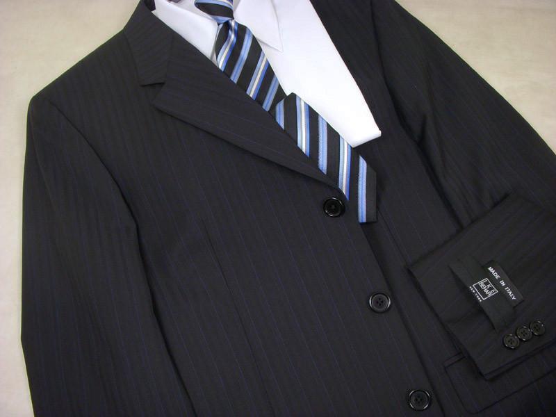 Ike Behar 589 100% Wool Boy's Suit - Stripe - Black