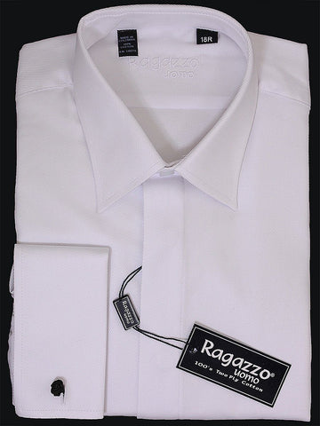 Ragazzo 8219 Boy's French Cuff Dress Shirt - White- Tonal Diagonal Weave- 100% Cotton