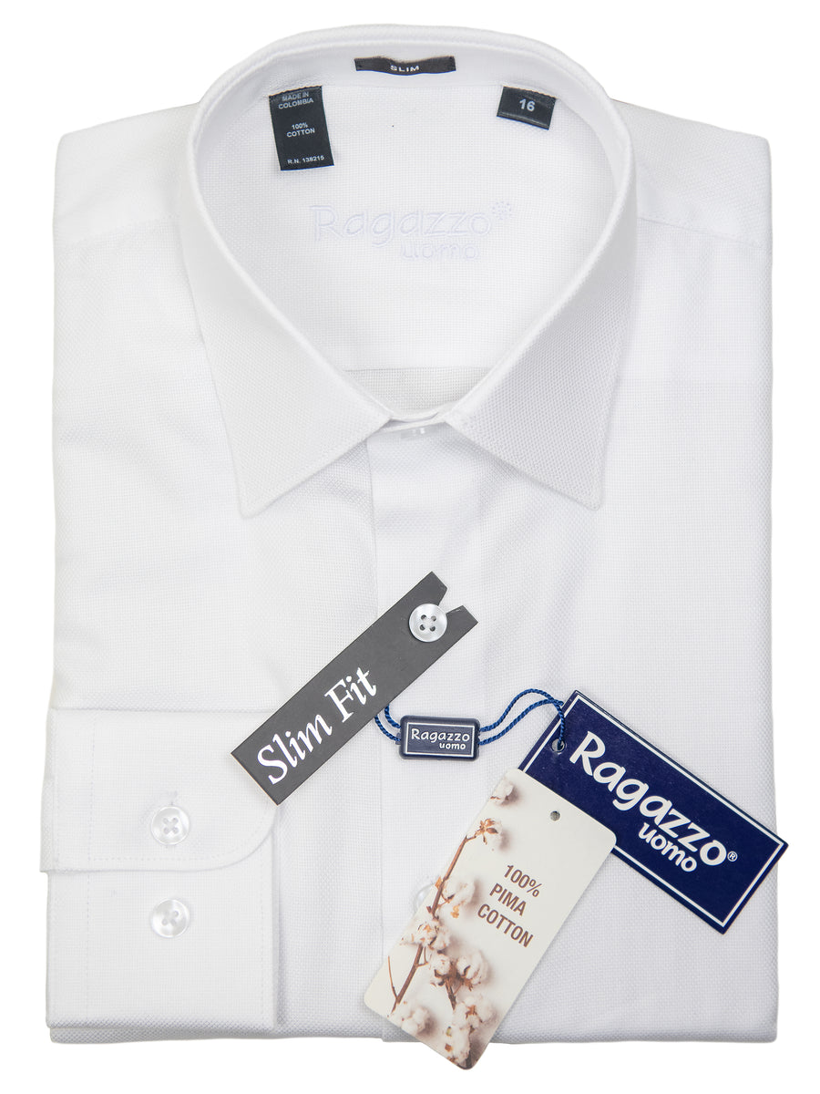 Ragazzo 32153 100% Cotton Boy's Dress Shirt - Honeycomb - Slim Fit - White