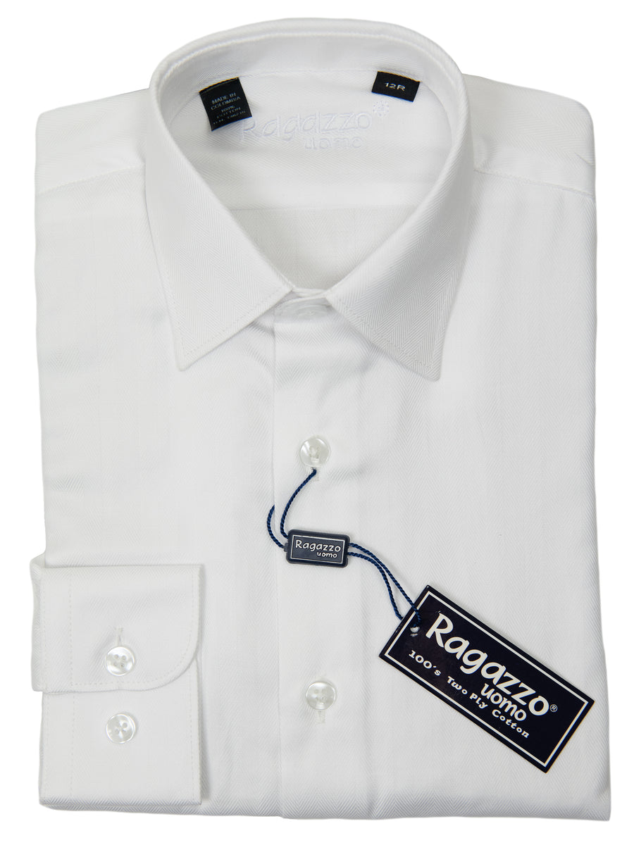 Ragazzo 20958 100% Cotton Boy's Dress Shirt - Tonal Herringbone - White