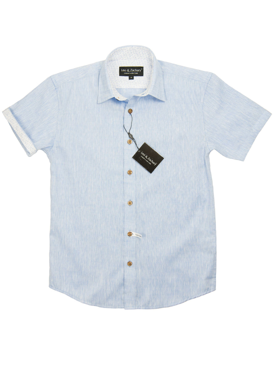 Leo & Zachary 28218 Boy's Short Sleeve Sport Shirt-Linen Look-Sky Blue Boys S/S Woven Leo & Zachary 
