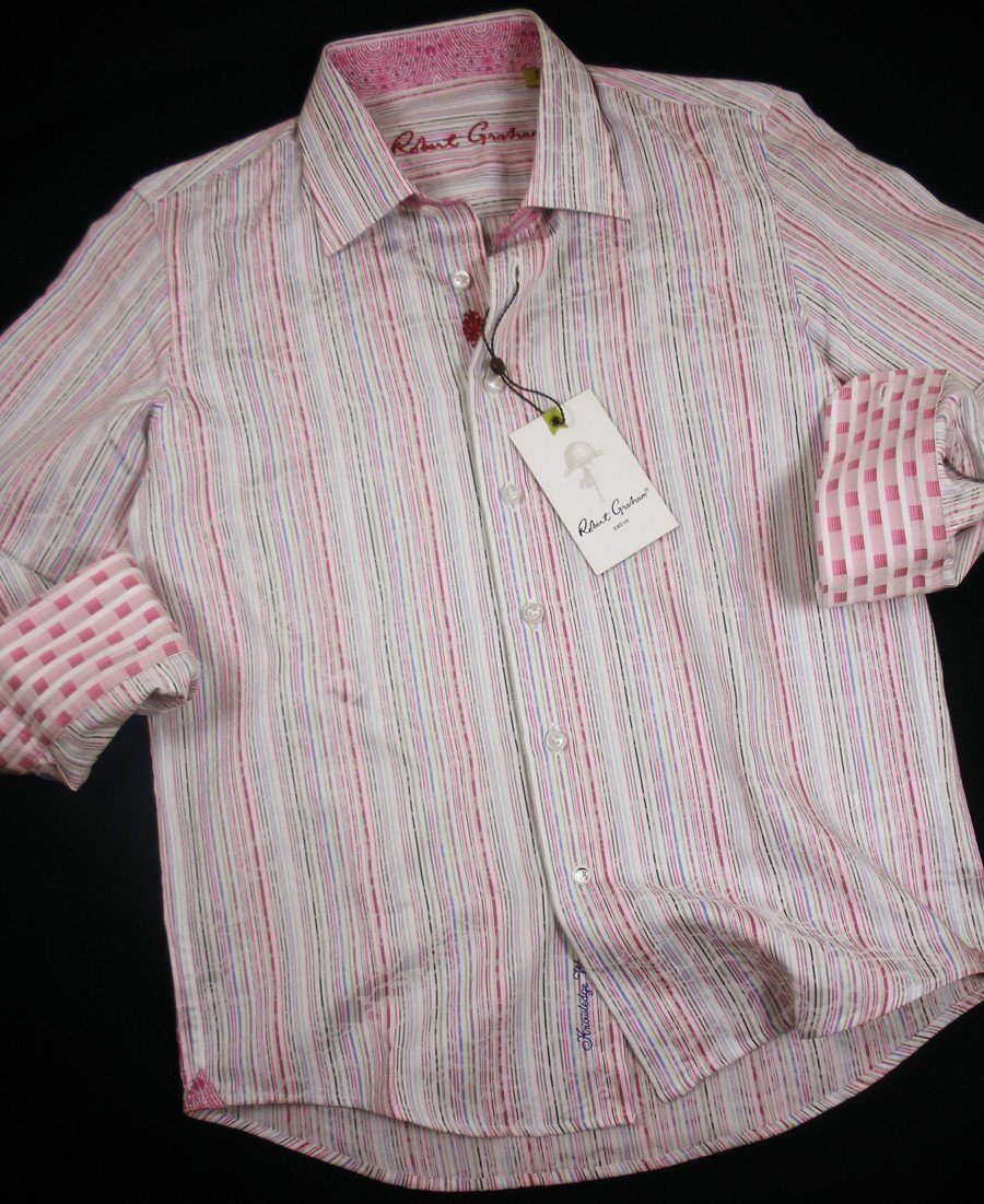 Robert Graham 16746 White/Multi Color Boy's Sport Shirt - Jacquard Stripe - 100% Cotton - Contrast Cuffs
